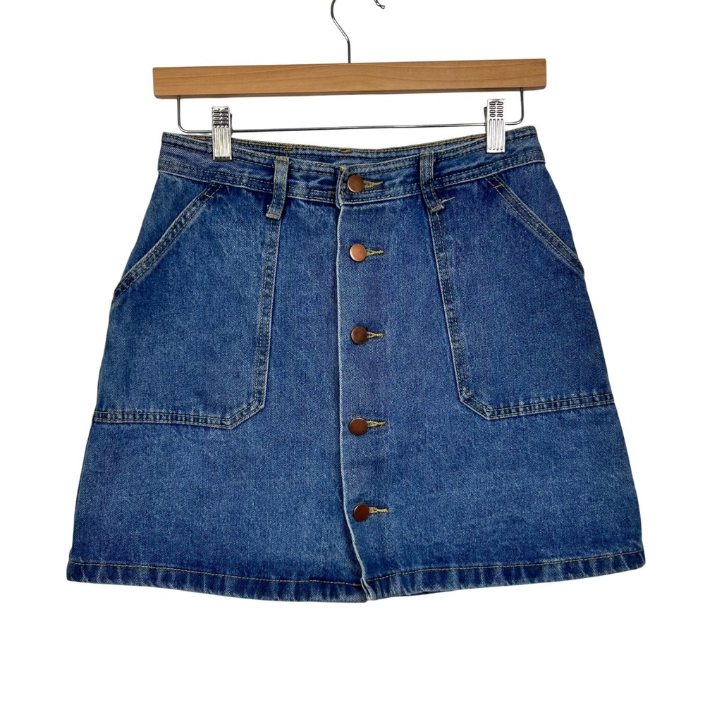 SHEIN Denim Mini Skirt Womens Size M Blue Button Front High Waist Casual Pocket